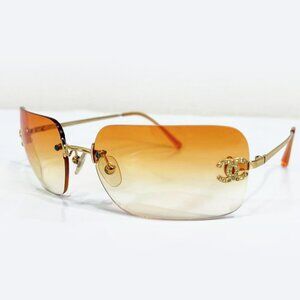 🧡RARE Chanel Vintage Sunglasses Rhinestone CC Logo Rimless Gradient Gold Orange